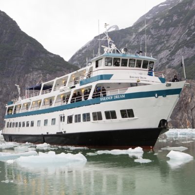 a large boat in a body of water with a mountain in the background
