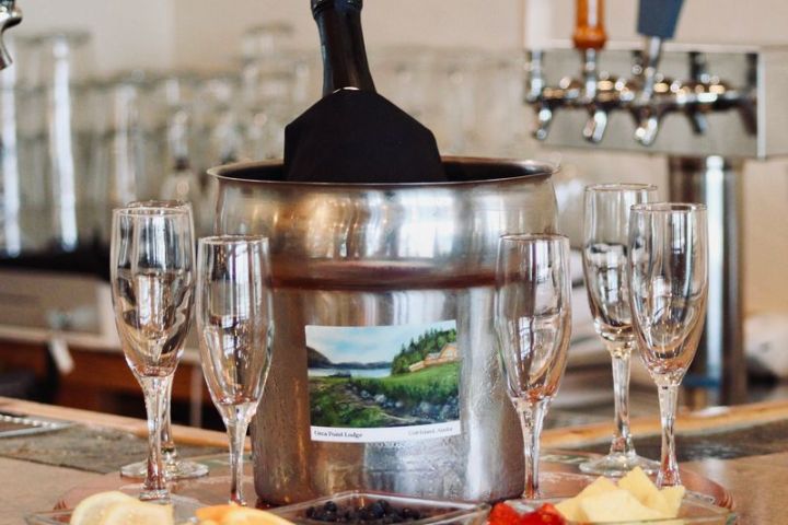 a dining table with wine glasses