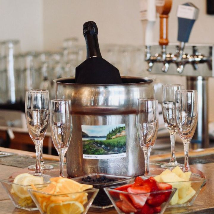 a dining table with wine glasses