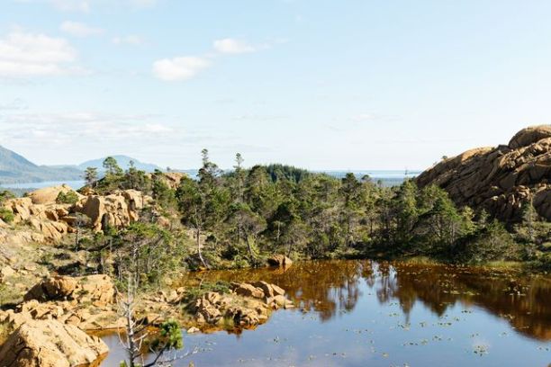 a body of water with a mountain in the background