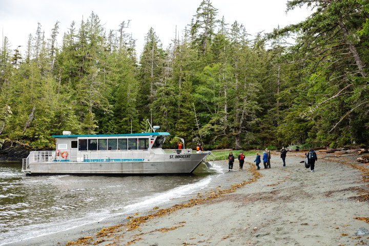 A passenger boat docked on a sandy forested beach with people walking onshore.