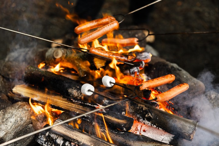 Hot dogs and marshmallows roasting over a campfire with visible flames.